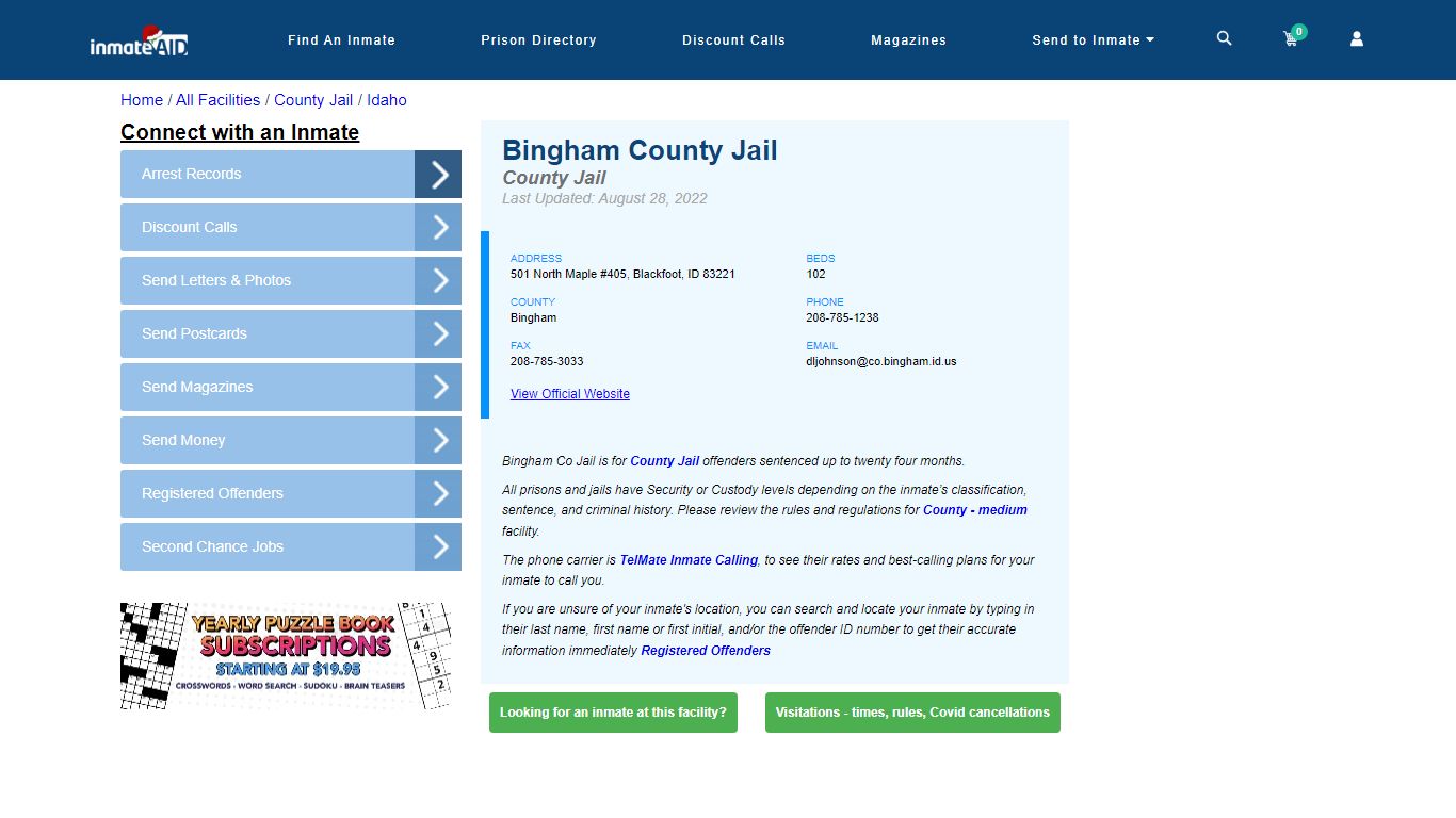 Bingham County Jail - Inmate Locator - Blackfoot, ID